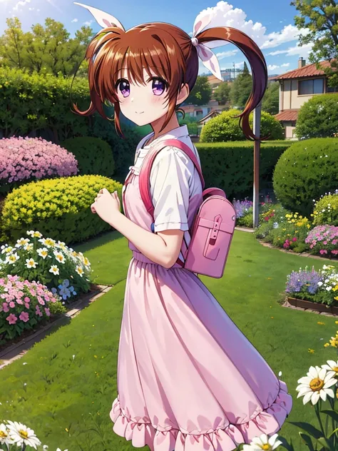 masterpiece, highest quality, Lyrical Nanoha,High resolution, 1 girl, alone, brown hair, Shooting from the side, twin tails、purple eyes, cowboy shot, ruffle dress, tiara, pink dress, city, outdoors, garden, carrying a red school bag, (randoseru backpack:1....