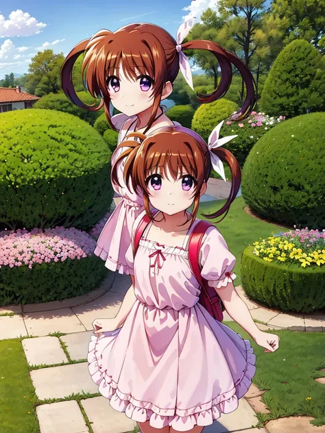 masterpiece, highest quality, Lyrical Nanoha,High resolution, 1 girl, alone, brown hair, Shooting from the side, twin tails、purple eyes, cowboy shot, ruffle dress, tiara, pink dress, city, outdoors, garden, carrying a red school bag, (randoseru backpack:1....