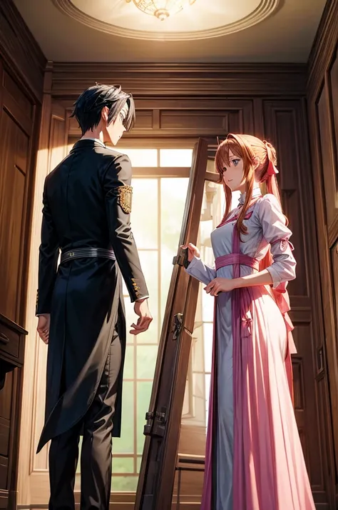 SAO, Kirito in a long dress and apron, Asuna in a suit and pants, both standing in their house, intricate details, hyper-realistic, cinematic lighting, vibrant colors, masterpiece, digital art