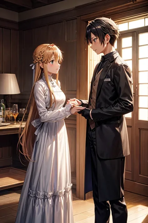 SAO, Sword Art Online, Kirito wearing a long dress and apron, Asuna wearing suit and pants, both standing in their house