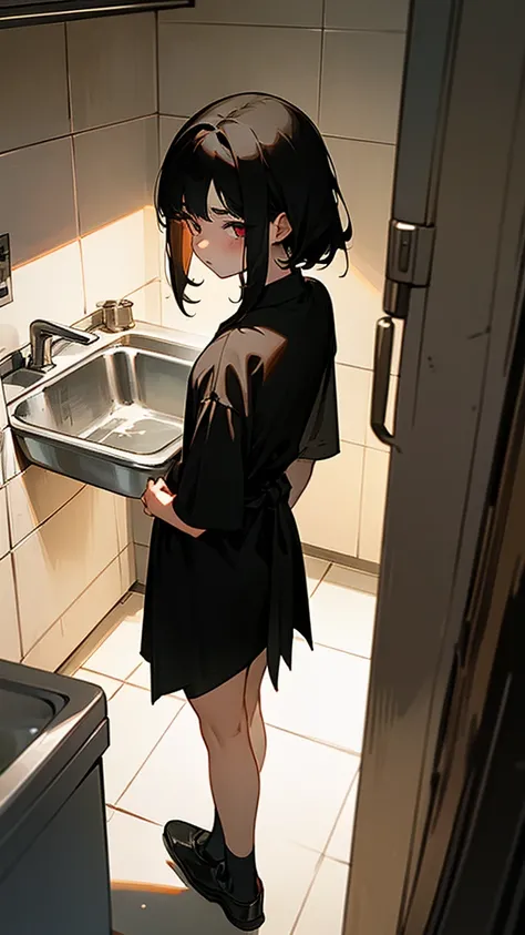 A girl with straight black hair is wearing a loose black shirt that falls under her shoulders and a short black skirt. She is wearing dark eye makeup. She is standing with her back washing dishes in a sink in the kitchen with her head down. 