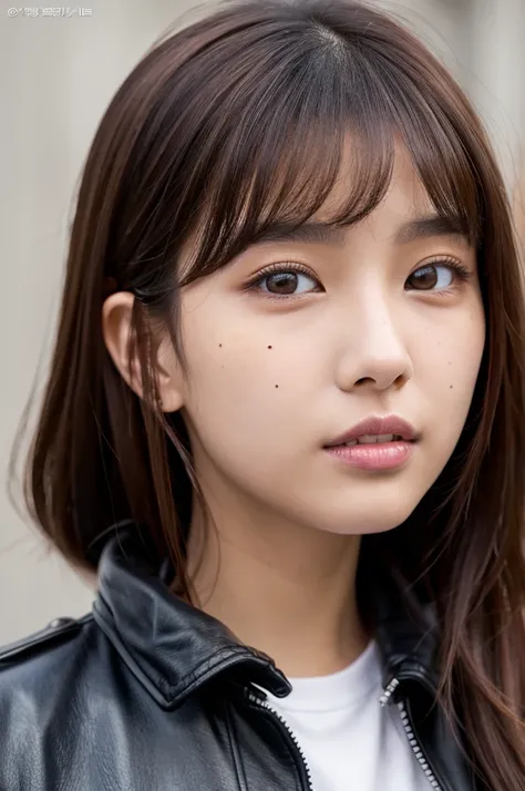 Korean girl with dark brown hair, with dark brown eyes and light skin, with a mole , and a lip piercing, wearing a leather jacket