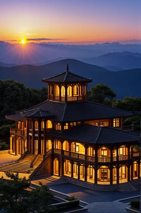 A palace with glass roofs on a mountain at sunset 