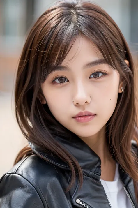 Korean girl with dark brown hair, with dark brown eyes and light skin, with a mole , and a lip piercing, wearing a leather jacket