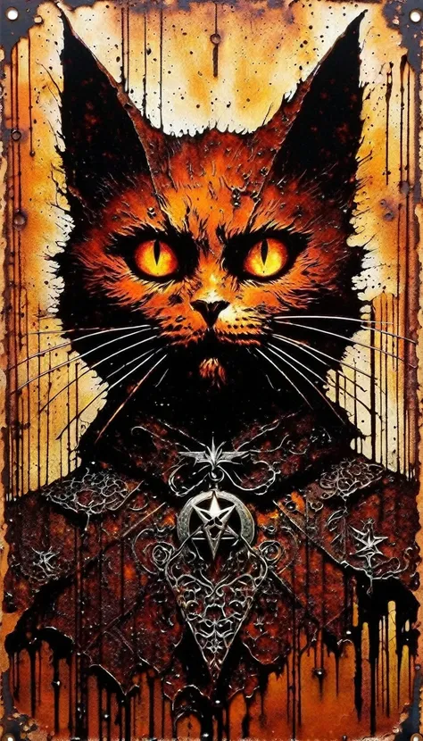 decorative metal sheet, rusty, satanic cat, satanic star (art inspired by Bill Sienkiewicz)
