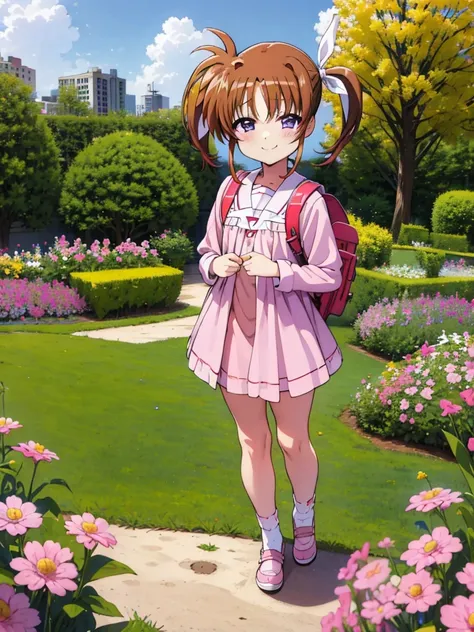 masterpiece, highest quality, lyrical nanoha,high resolution, 1 girl, alone, brown hair, , twin tails、purple eyes, , ruffle dres...