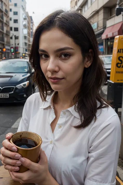 ((best qualityer)), ((work of art)), (detailded), 1 girl, White button-down shirt, WHITE GOLA SHIRT, sitting in a cafe, CUP ON THE TABLE, Portrait of a BRAZILIAN woman, sexy looking with long flowing hair, hazel eyes, with fluttering covers, perfect compos...