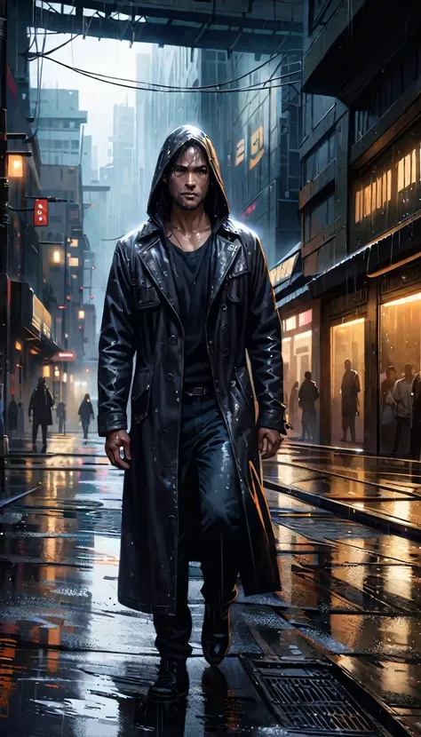 a hooded person in a black trench coat walking in heavy rain, dark moody atmosphere, dramatic lighting, detailed facial features, wet hair, water droplets, cinematic composition, high contrast, gloomy urban environment, (best quality,4k,8k,highres,masterpi...