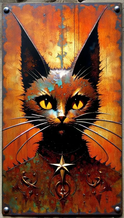 decorative metal sheet, rusty, satanic cat, satanic star, art inspired by dave mckean