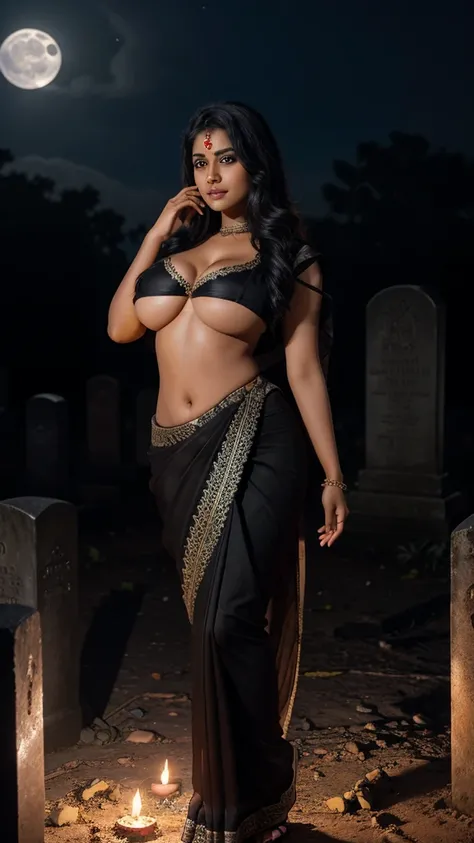 Woman named Komolika, Bengali, black saree, graveyard, fire, night, moonlight, evil face, facing camera, looking at viewers eye, full body, head to toe, big breasts and big cleavage