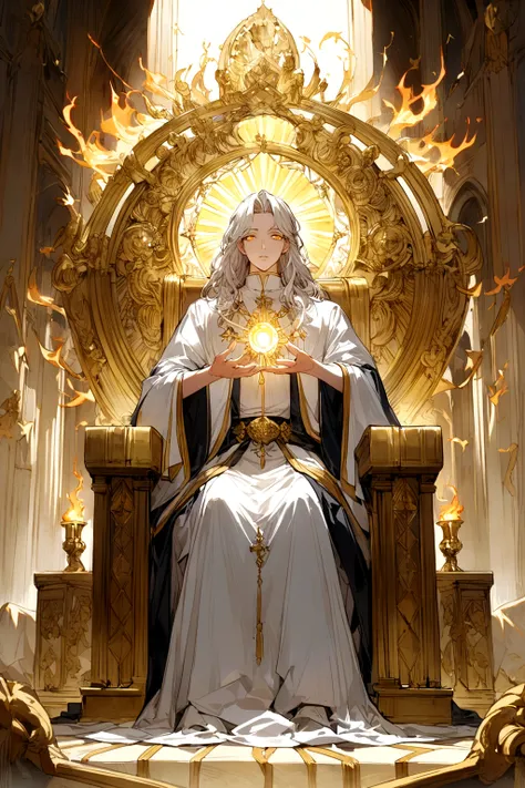 A powerful priest radiating flaming holy light like a God, Your hair is white, and your golden eyes. He sits on a throne within a placid Greek.