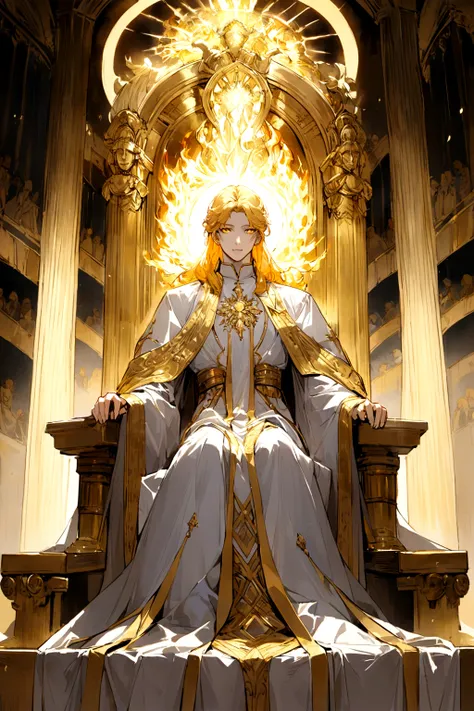 A powerful priest radiating flaming holy light like a God, Your hair is white, and your golden eyes. He sits on a throne within a placid Greek.