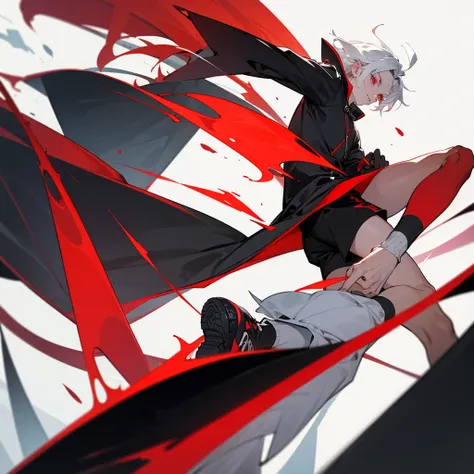 It depicts a young man with white hair and red eyes in a black cap with a black and red coat with black shorts and long white socks ,wearing nike sneakers