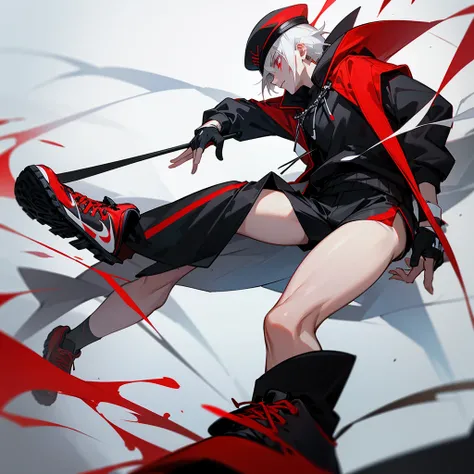 It depicts a young man with white hair and red eyes in a black cap with a black and red coat with black shorts and long white socks ,wearing nike sneakers