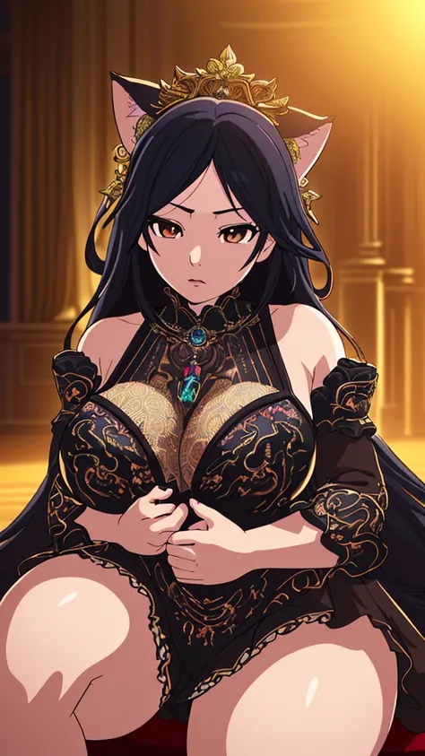 A beautiful anime girl with huge breasts and large hips, sitting in a detailed room, cute cat-themed, seductive expression, (best quality,4k,8k,highres,masterpiece:1.2),ultra-detailed,(realistic,photorealistic,photo-realistic:1.37),HDR,UHD,studio lighting,...