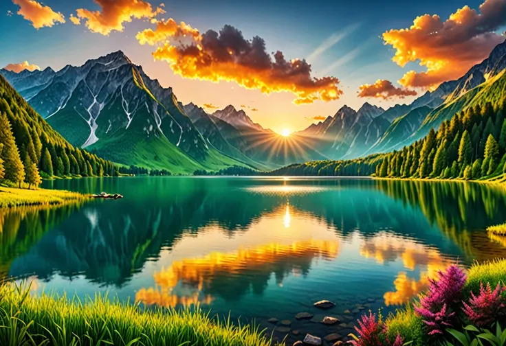 Beautiful landscape, vibrant colors, majestic mountains, serene lake, lush green forest, golden sunset, soft light, panoramic view, high resolution, ultrarealistic, vivid details, breathtaking scenery, perfect for wallpaper, nature photography.