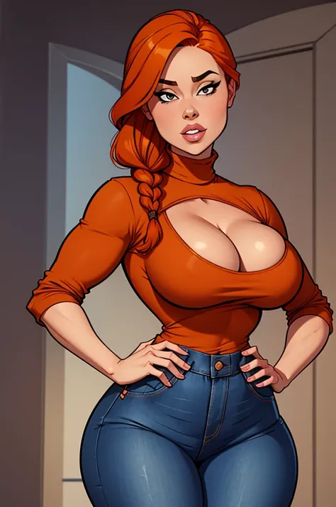 1 female, hourglass figure, shortstack, housewife, cleavage, Black turtleneck, small waist, thick thighs, orange hair, braided, hands on hips, tight jeans, masterpiece, slanty eyes, realistic lips, buck tooth, masterpiece, 4k.