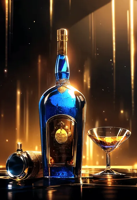 liquor bottle and a glass with 90s anime style dark blue liquid with yellow sparkles inside