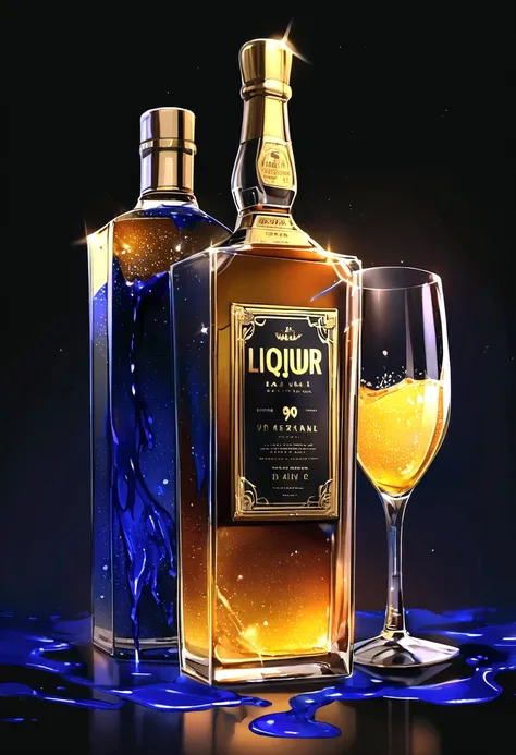 liquor bottle and a glass with 90s anime style dark blue liquid with yellow sparkles inside