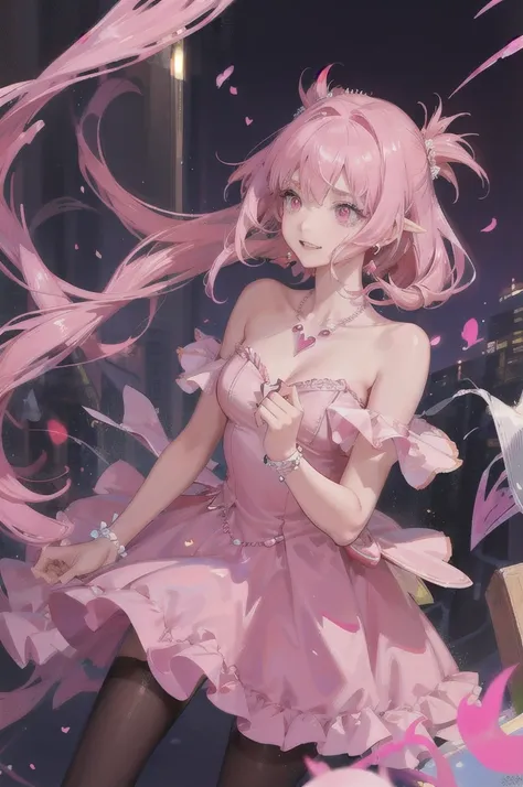 Women, approximately 18 years old, pink eyes, good body, pink strands in hair, She is a princess, she has a short pink dress, her hair is long, has pink powers, On his neck he has a heart-shaped necklace, has a pink aura.