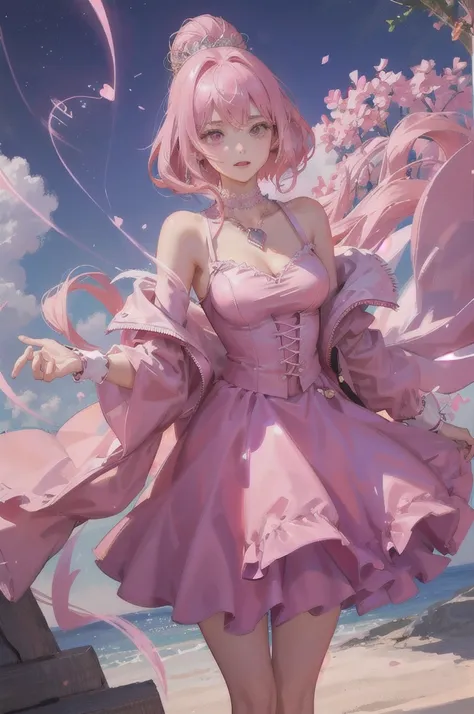 Women, approximately 18 years old, pink eyes, good body, pink strands in hair, She is a princess, she has a short pink dress, her hair is long, has pink powers, On his neck he has a heart-shaped necklace, has a pink aura.