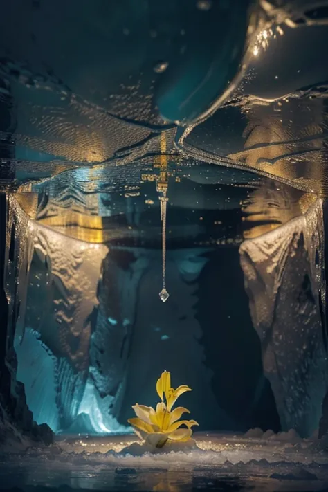 a beautiful yellow lily in a large ice cave, (best quality,4k,8k,highres,masterpiece:1.2),ultra-detailed,(realistic,photorealistic,photo-realistic:1.37),intricate details,glowing ice cave,stunning reflections,dramatic lighting,enchanting atmosphere,vibrant...