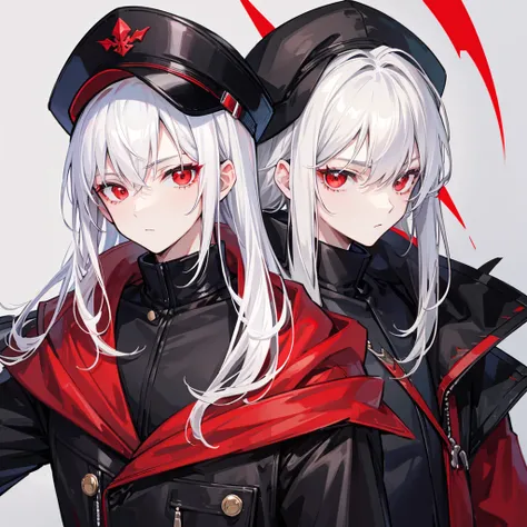 Makes a young man with white hair and red eyes in a black cap with a black and red coat