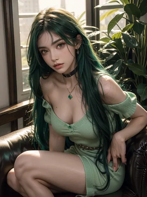 1girl, alone, solitary, high quality, (best quality,4k,8k,highres,masterpiece:1.2),ultra-detailed,(realistic,photorealistic,photo-realistic:1.37),gorgeous hair,emerald hair,long straight hair with bangs,sharp eyes,mole under the eye,plump lips,jewelry,(hig...