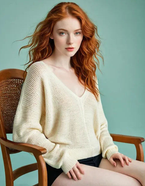 Photography full body portrait of a very beautiful realistic girl, posing on a chair, porcelain skin, very light skin, very pale skin, redhead, wavy, open hair, Detail of skin structure, hazel eyes, Slit eyes, small-nose, small nostril, think of arched eye...