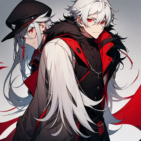 Makes a young man with white hair and red eyes in a black cap with a black and red coat