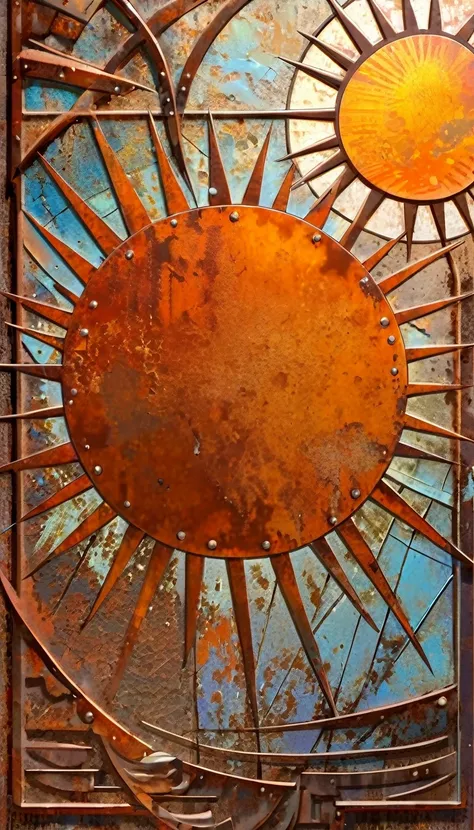 decorative metal sheet, rusty, the sun, art inspired by dave mckean
