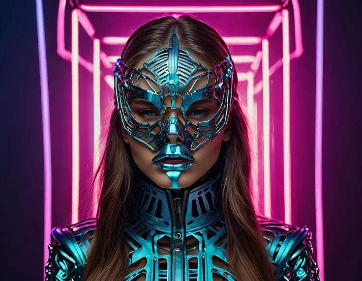 a teenage fashion model wearing an exo-skeleton mask, vibrant colors, futuristic cyberpunk style, intricate details, cinematic lighting, dramatic pose, sharp focus, hyper realistic, 8k, masterpiece