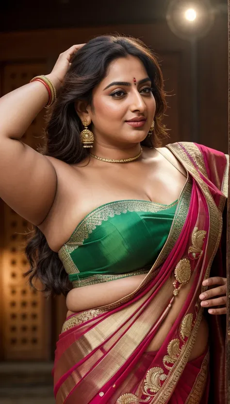 Foto RAW, photorealistic, photography, full body shot, master shot, perfect eyes, goddess like beauty, pierced eyes, perfect thick chubby mallu Desi aunty bhabhi, Full figured woman, juicy thick figure, bulky figure, curvy, fleshy curvy figure, voluptuous ...