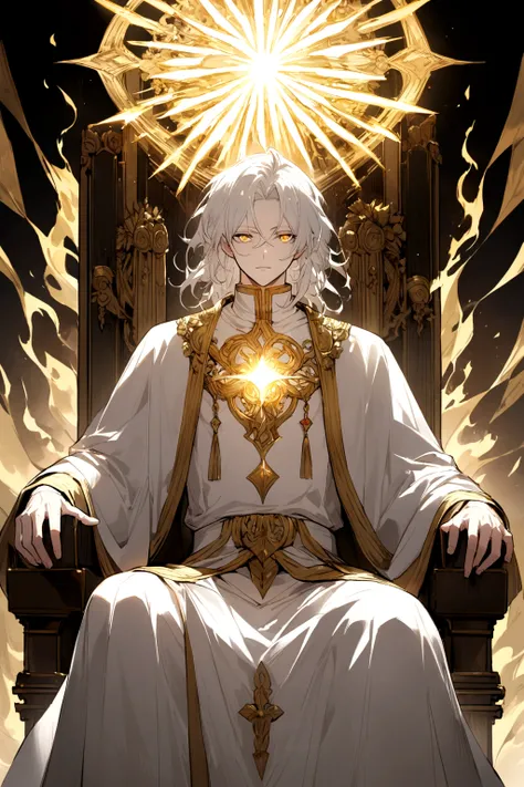 A powerful priest radiating flaming holy light like a God of light, His white hair is short, and your golden eyes. He is sitting on a throne within a placid Greek God like.