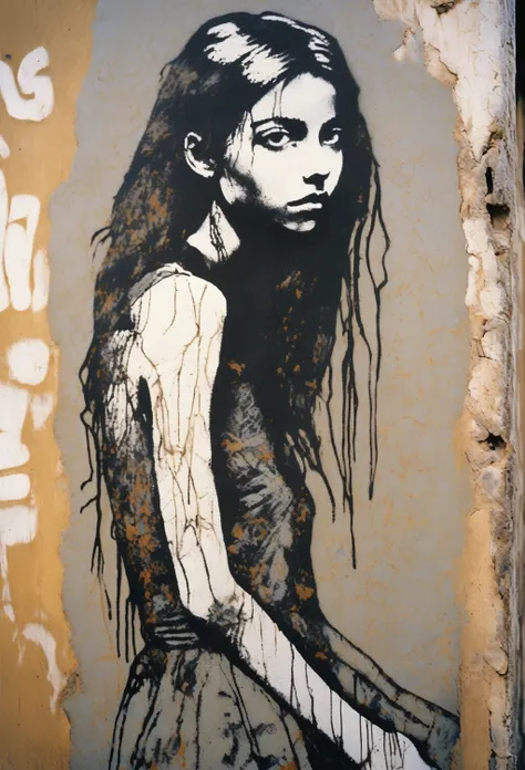 photo of a young woman, 1990s, artisan, Graffiti, weathered skin, dusty, dry