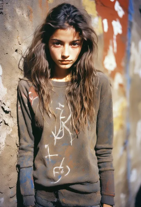 photo of a young woman, 1990s, artisan, Graffiti, weathered skin, dusty, dry