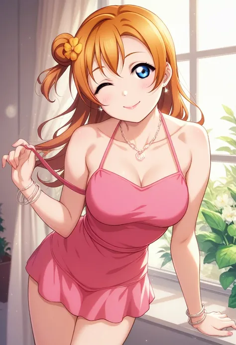 Honoka kousaka love live, cowboy shot, blue eyes, orange hair,hair flower, solo, Fashion , bshoulders, perfect eyes, Perfect iris，Perfect skin，Soft front light，Casual dress，indoors；（pastel colour:1.2), halter neck,thin straps ,(lipstick:0.8) ,sexy pose,win...