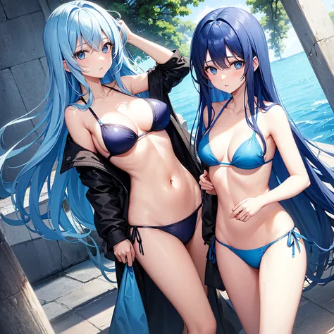 Girl blue eyes, blue hair, blue bikini, long hair, 