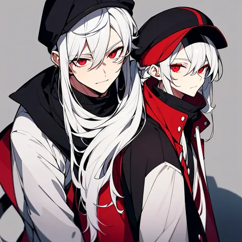 Makes a young male with white hair and red eyes wearing a black cap with a black and red coat