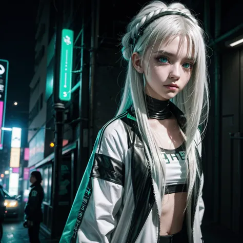 Teenage girl, neon white hair, greeneyes, semi new, wearing cyberpunk clothing.