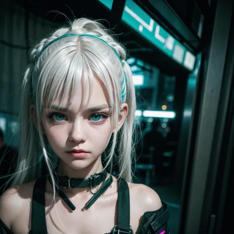 Teenage girl, neon white hair, greeneyes, semi new, wearing cyberpunk clothing.