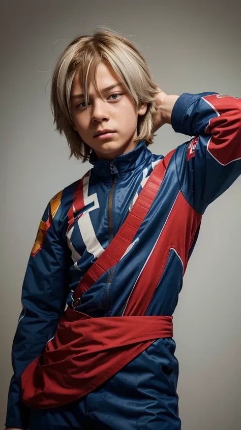 Boy with straight hair falling over his face: half of his hair white and the other half red; wearing dark blue hero jumpsuit; eye on the left is brown and the eye on the right is blue; Around the eye on the right there is a red spot like a scar.His appeara...