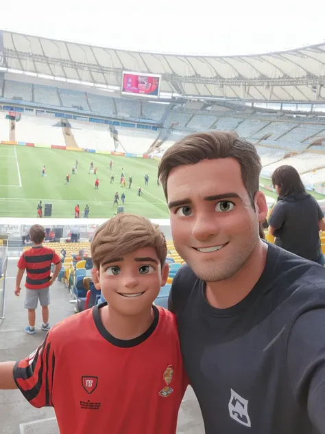 Create a pixel art illustration featuring a man and a boy taking a selfie in a large stadium. The boy is wearing a red Flamengo soccer jersey with black stripes and logos, and has light brown hair. The man, standing beside him, is wearing a dark shirt and ...