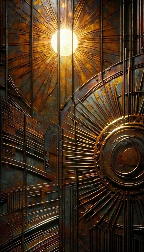 decorative metal sheet, rusty, the sun, art inspired by dave mckean, digital art, photorealistic, chiaroscuro lighting, moody atmosphere, dramatic shadows, textured surfaces, intricate details, abstract patterns, industrial aesthetics, dystopian, cinematic...