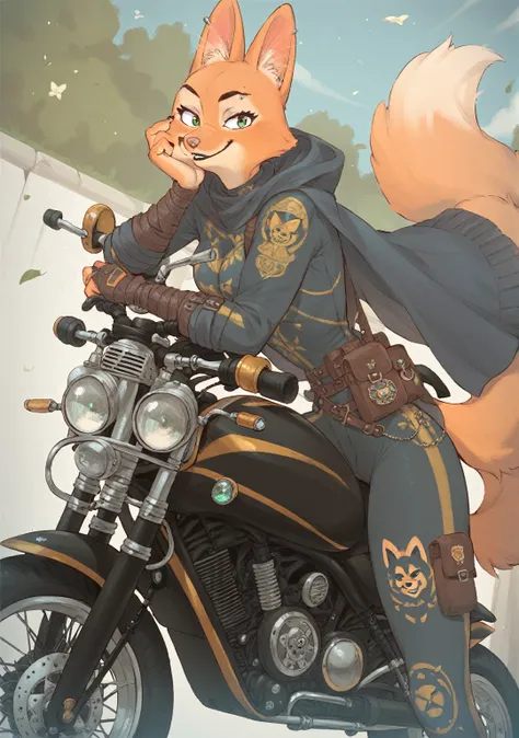 Diane Foxington, ginger fur, emerald eyes, black lipstick, black eyebrows, silver piercings on eyebrow, fox tail, bodysuit with yellow trim and black wraps, smirk, on top of a motorcycle