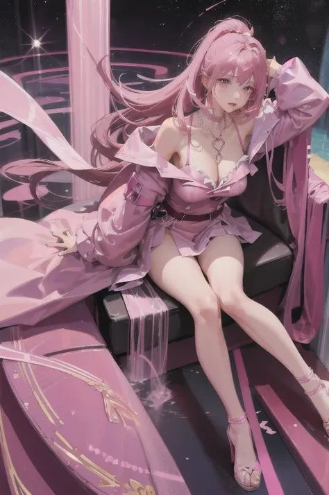 Women, approximately 18 years old, pink eyes, good body, maroon locks in hair, She has a short pink dress with pink gems, his hair is a little long, has pink powers, On his neck he has a heart-shaped necklace, has a pink aura, she is sitting on a throne