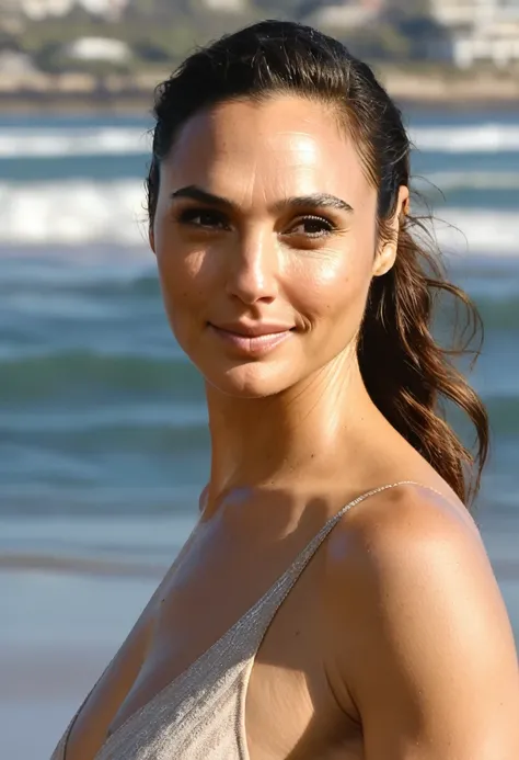 (high quality Nude woman     photograph)  (GalGadot , tired look, exhausted , 45yo woman,  on a beach , pale  skin tone ,( she is  nude on beach ocean , smiling , making her hair, galxgadt, pony ,shiny breast , topless, show her detailed shiny breast  ) ph...