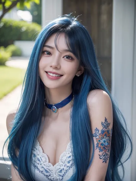 1girl, alone, solitary, high quality, (best quality,4k,8k,highres,masterpiece:1.2),ultra-detailed,(realistic,photorealistic,photo-realistic:1.37),gorgeous hair,sapphire hair,long straight hair with bangs,sharp eyes,mole under the eye,plump lips,jewelry,(hi...