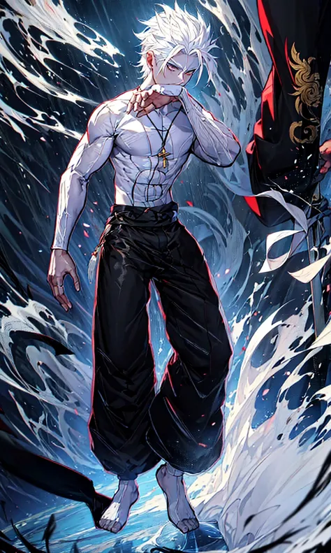 male boy, white hair, defined body, white hair, black kung fu style pants