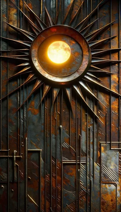 decorative metal sheet, rusty, the sun, art inspired by dave mckean, digital art, photorealistic, chiaroscuro lighting, moody atmosphere, dramatic shadows, textured surfaces, intricate details, abstract patterns, industrial aesthetics, dystopian, cinematic...